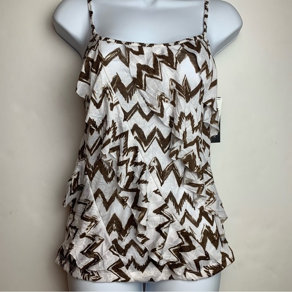 AB Studio White Brown Chevron Spaghetti Straps Fringe Blouse - Picture 2 of 16